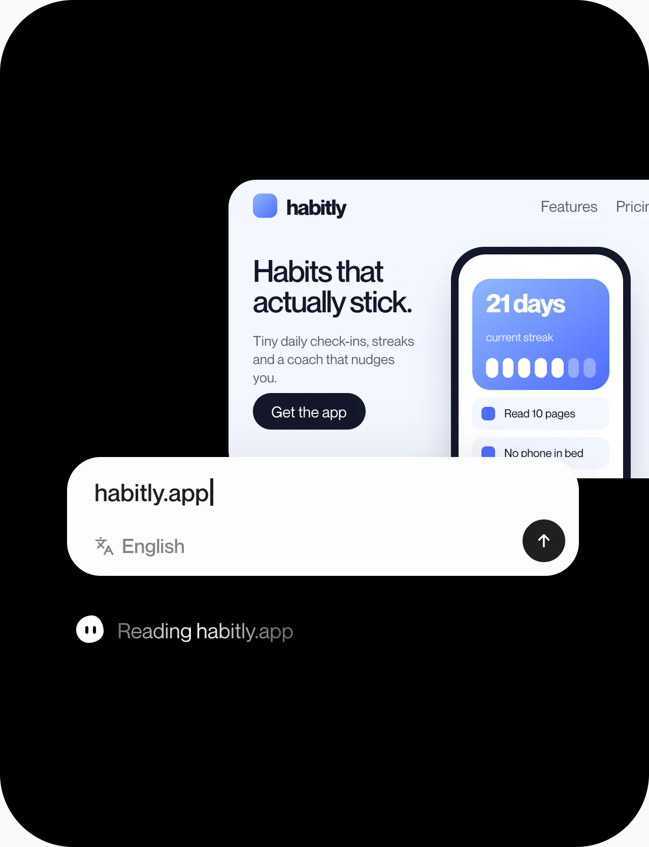 A habit app's website with habitly.app typed into the link field